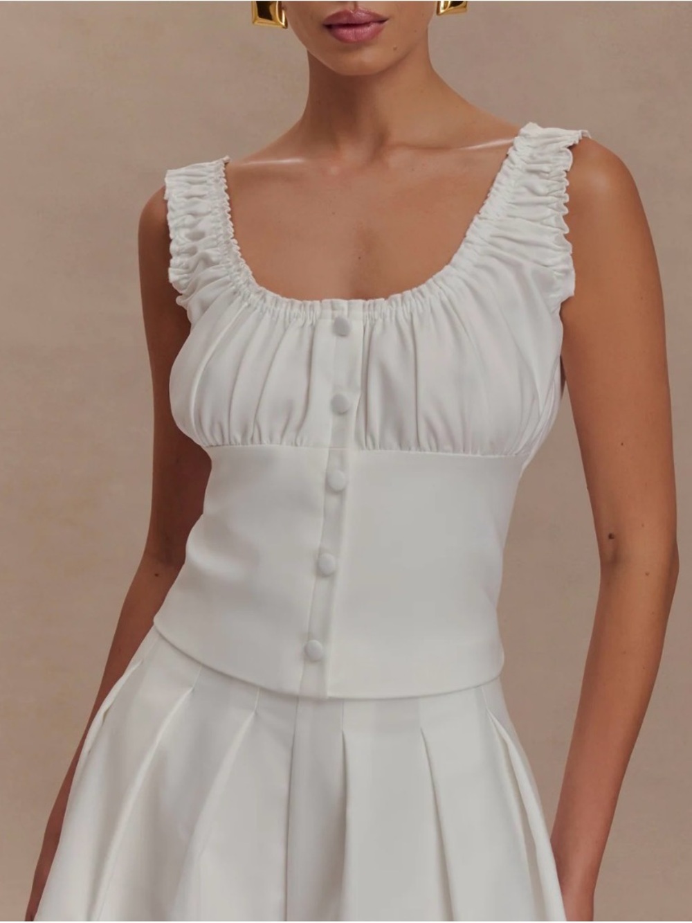 Meshki White Ruched Strap Button-Front Tank